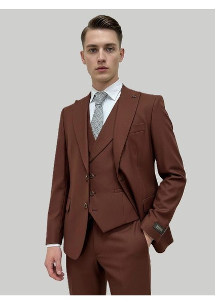 Kiremit Rengi Şal Yaka Yelekli Takım Elbise fiyatları