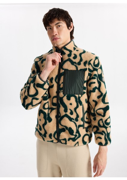 D5WM-SWT3807 Ekru - Yeşil Dik Yaka Relaxed Desenli Erkek Sweatmont