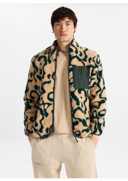 D5WM-SWT3807 Ekru - Yeşil Dik Yaka Relaxed Desenli Erkek Sweatmont modelleri