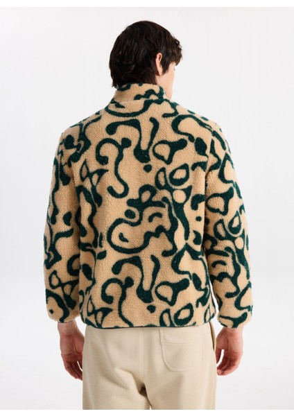 D5WM-SWT3807 Ekru - Yeşil Dik Yaka Relaxed Desenli Erkek Sweatmont indirimleri