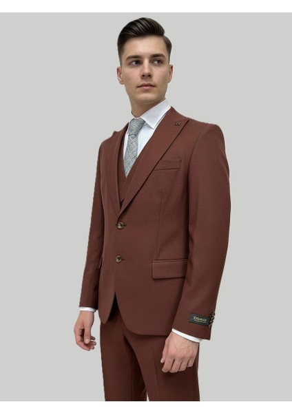 Kiremit Rengi Şal Yaka Yelekli Takım Elbise modelleri