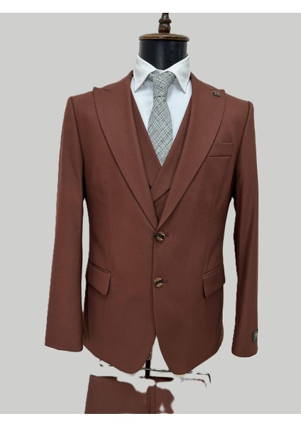 Kiremit Rengi Şal Yaka Yelekli Takım Elbise fırsatları