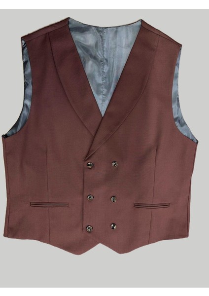 Kiremit Rengi Şal Yaka Yelekli Takım Elbise