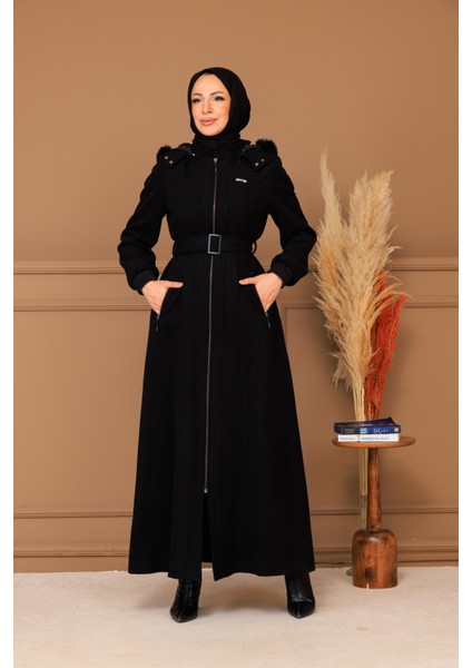 Kışlık Kadın Siyah Kaşe Pardesü Fermuarlı 58011