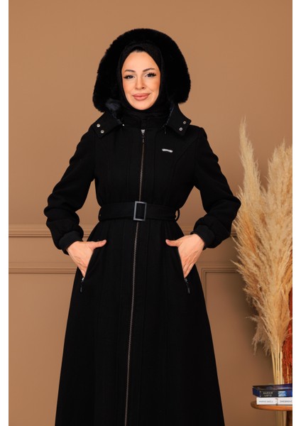 Kışlık Kadın Siyah Kaşe Pardesü Fermuarlı 58011 fiyatları