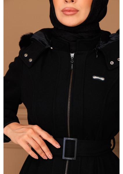 Kışlık Kadın Siyah Kaşe Pardesü Fermuarlı 58011 fırsatları