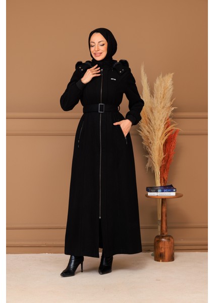 Kışlık Kadın Siyah Kaşe Pardesü Fermuarlı 58011