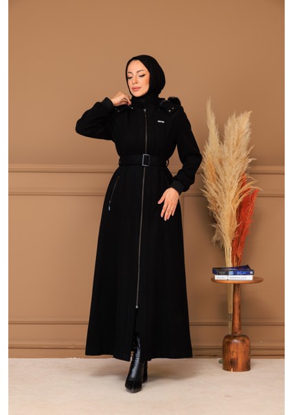 Kışlık Kadın Siyah Kaşe Pardesü Fermuarlı 58011