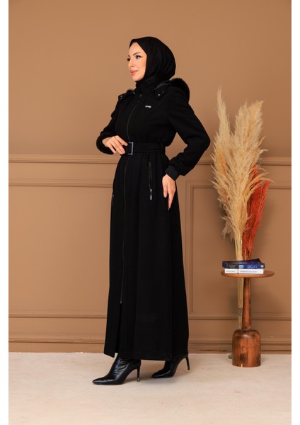 Kışlık Kadın Siyah Kaşe Pardesü Fermuarlı 58011