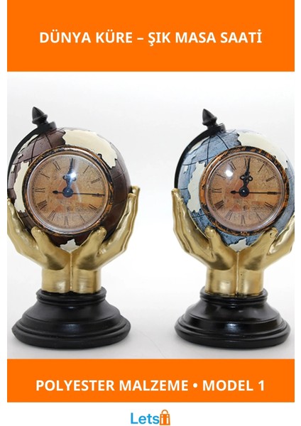 Polyester Saatli Dünya Küre Şık Dekoratif Masa Saati