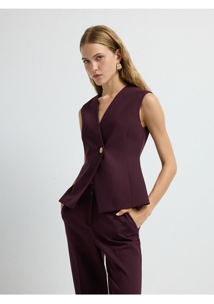 Metal Aksesuarlı Kolsuz V Yaka Yelek Mürdüm 17944866001