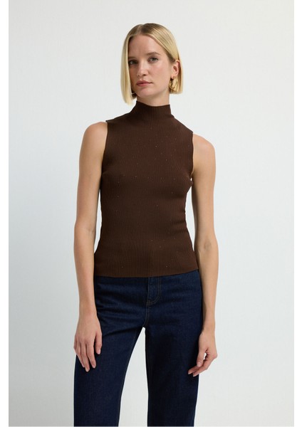 Taşlı Boğazlı Kolsuz Triko Bluz Kahve 11544473001