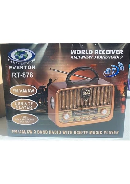 RT-878 Nostaljik Radyo - Bluetoothlu, Am/fm/sw 3 Band, Usb/tf Kart Girişli Şarjlı Müzik Kutusu (Fener Özellikli) fırsatları