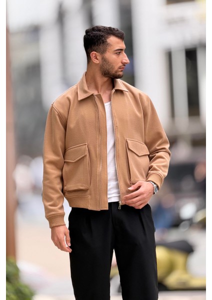 X-2025 Cep Detaylı Fermuarlı Astarlı Kaşe Mont