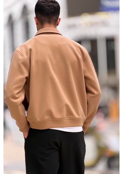 X-2025 Cep Detaylı Fermuarlı Astarlı Kaşe Mont