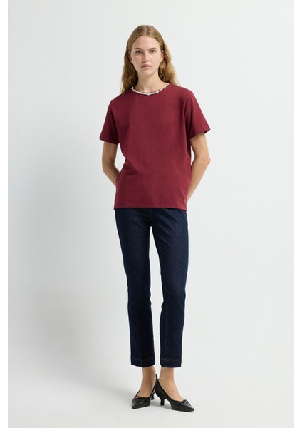 Yakası Taşlı Kısa Kol Tişört Bordo 17543613002 modelleri
