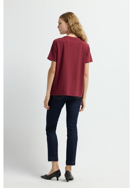 Yakası Taşlı Kısa Kol Tişört Bordo 17543613002 indirimleri