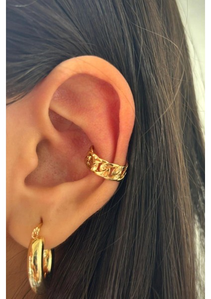 Gumet Tasarım Kadın Sıkıştırmalı Earcuff Kıkırdak Küpe Gold