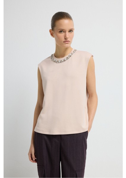 Taş Detaylı Kolsuz Bluz Pudra 11546053000