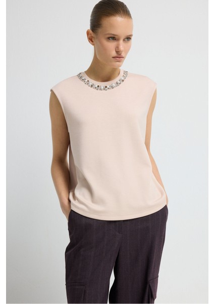 Taş Detaylı Kolsuz Bluz Pudra 11546053000 fırsatları