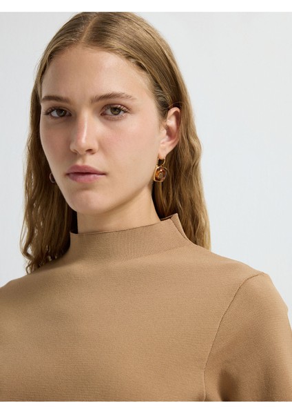 Boğazlı Kısa Kol Triko Bluz Camel 11544535001