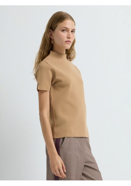 Boğazlı Kısa Kol Triko Bluz Camel 11544535001 fırsatları