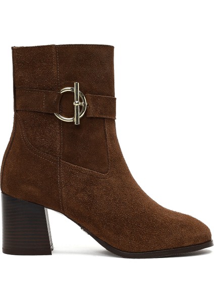 Kadın Taba Fermuarlı Kalın Topuklu Süet Deri Bot 25WFD163110