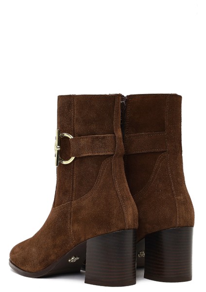 Kadın Taba Fermuarlı Kalın Topuklu Süet Deri Bot 25WFD163110