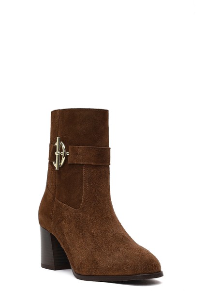 Kadın Taba Fermuarlı Kalın Topuklu Süet Deri Bot 25WFD163110