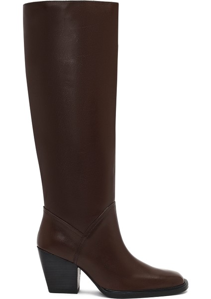 Kadın Kahverengi Kalın Topuklu Deri Çizme 25WFD141418