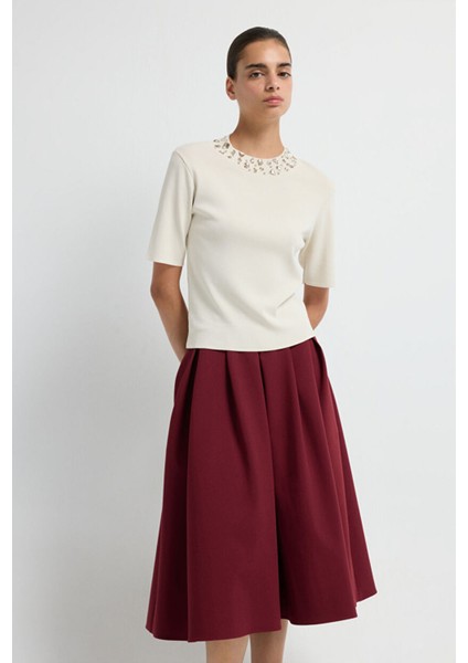 Yakası Taş Detaylı Triko Kazak Vanilya 13943006002