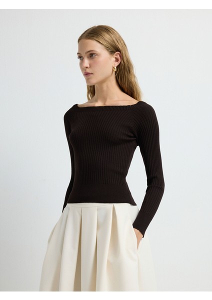 Yakası Açık Triko Kazak Kahve 13942993002