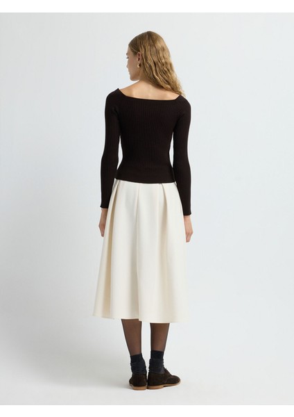 Yakası Açık Triko Kazak Kahve 13942993002