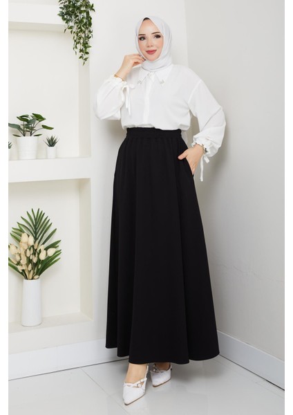 Siyah Oyssho Kumaş Kadın Etek Beli Lastikli 38 40 42 44 46 48 Bedenlere Uyumludur.
