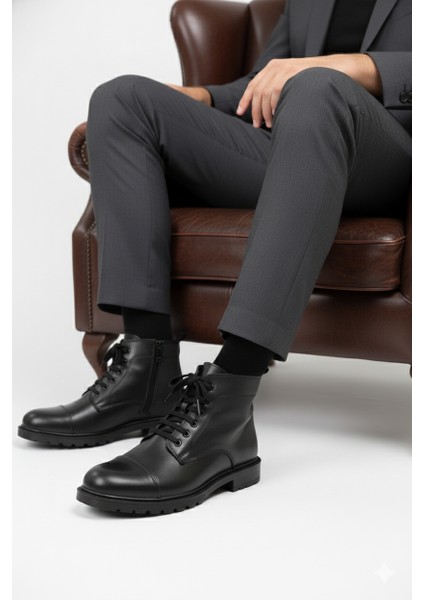 Erkek Hakiki Deri Klasik Tarz Fermuarlı Içi Kürklü Bot AL25/KB529