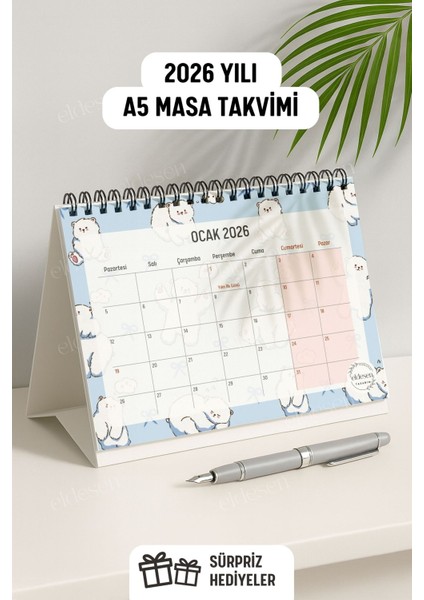 2026 Masa Takvimi Spiralli A5 (21X16CM) Büyük Boy / Resmi Tatiller ve Hafta Sonları / 12 Aylık