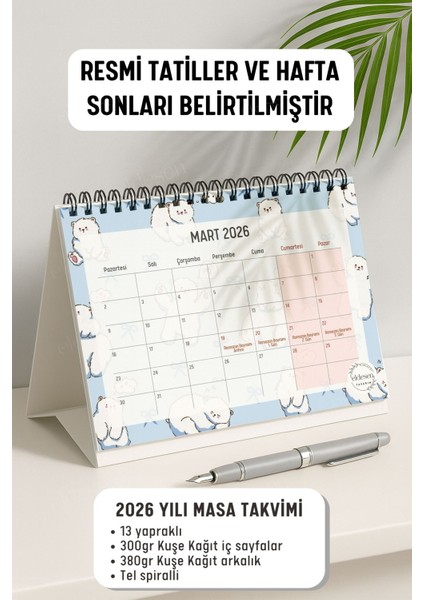 2026 Masa Takvimi Spiralli A5 (21X16CM) Büyük Boy / Resmi Tatiller ve Hafta Sonları / 12 Aylık fiyatları