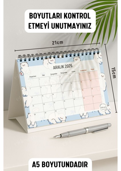 2026 Masa Takvimi Spiralli A5 (21X16CM) Büyük Boy / Resmi Tatiller ve Hafta Sonları / 12 Aylık modelleri