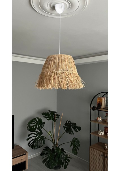 El Yapımı Saçaklı Rafya Bohem Rustik Avize Kafe, Balkon, Salon Sarkıt Avize (Beyaz Duy)