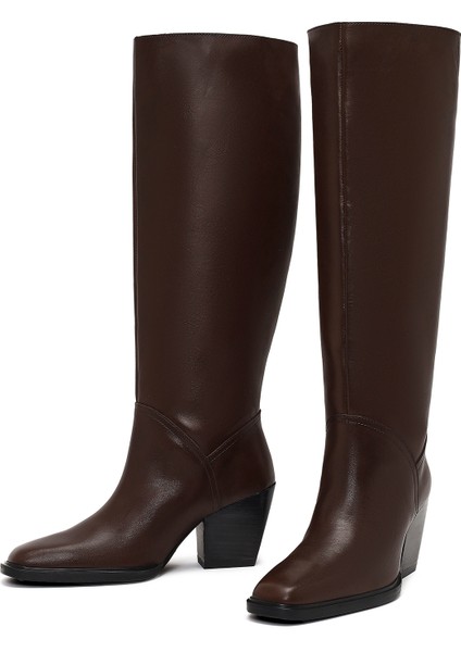 Kadın Kahverengi Kalın Topuklu Deri Çizme 25WFD141418 modelleri