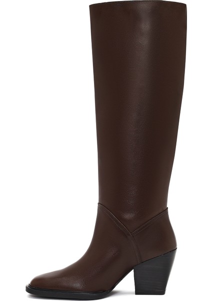 Kadın Kahverengi Kalın Topuklu Deri Çizme 25WFD141418 fırsatları