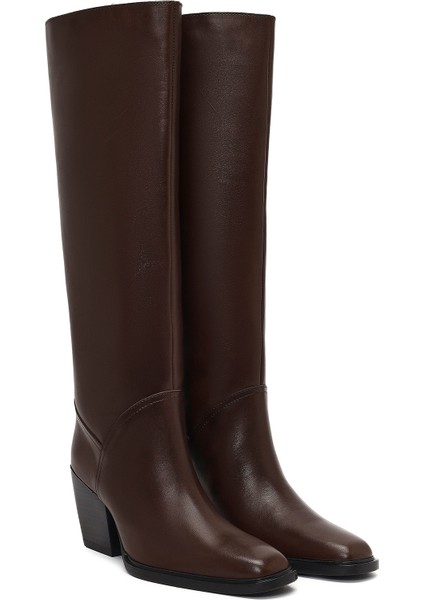 Kadın Kahverengi Kalın Topuklu Deri Çizme 25WFD141418 indirimleri