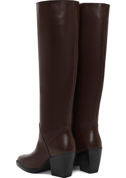 Kadın Kahverengi Kalın Topuklu Deri Çizme 25WFD141418