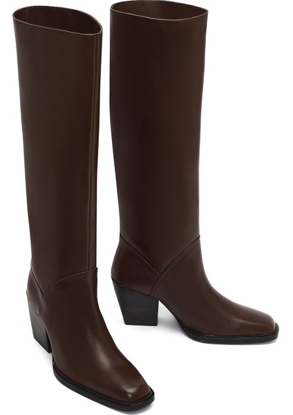 Kadın Kahverengi Kalın Topuklu Deri Çizme 25WFD141418