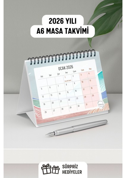 2026 Masa Takvimi Spiralli A6 (15X12CM) Orta Boy / Resmi Tatiller ve Hafta Sonları / 12 Aylık