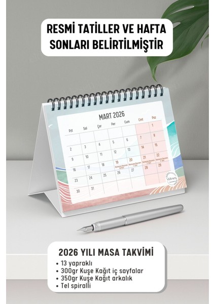2026 Masa Takvimi Spiralli A6 (15X12CM) Orta Boy / Resmi Tatiller ve Hafta Sonları / 12 Aylık fiyatları