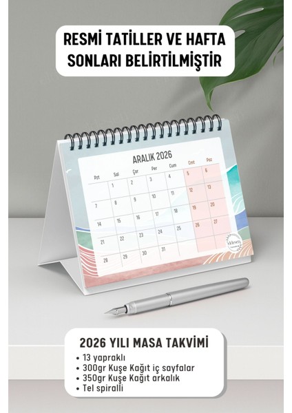 2026 Masa Takvimi Spiralli A6 (15X12CM) Orta Boy / Resmi Tatiller ve Hafta Sonları / 12 Aylık modelleri