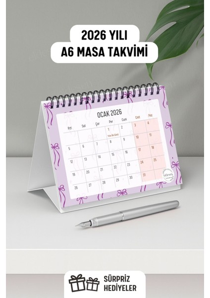 2026 Masa Takvimi Spiralli A6 (15X12CM) Orta Boy / Resmi Tatiller ve Hafta Sonları / 12 Aylık