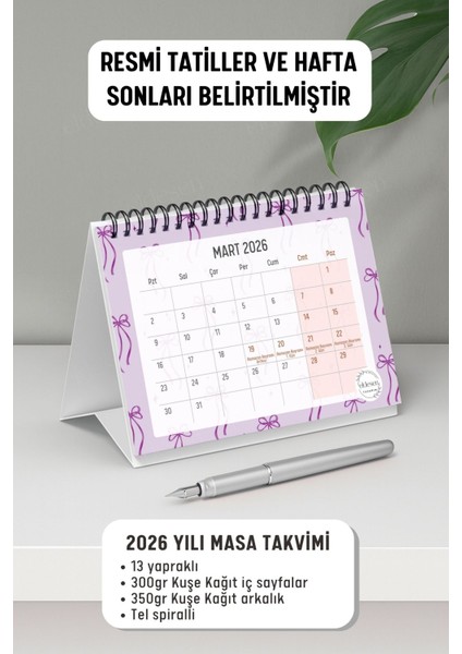 2026 Masa Takvimi Spiralli A6 (15X12CM) Orta Boy / Resmi Tatiller ve Hafta Sonları / 12 Aylık fiyatları