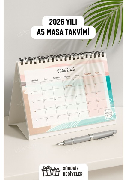 2026 Masa Takvimi Spiralli A5 (21X16CM) Büyük Boy / Resmi Tatiller ve Hafta Sonları / 12 Aylık